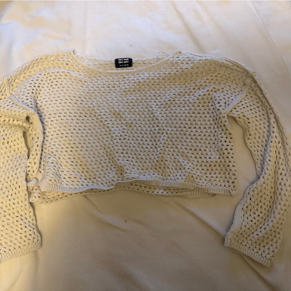 Crochet Knit Cropped Sweater - Cream